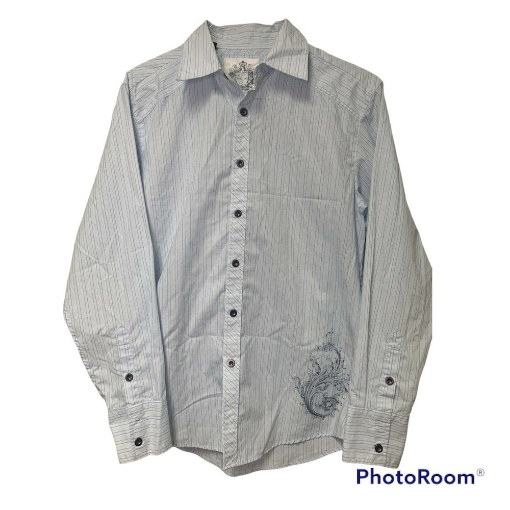 Level Ten Mens Medium Light Blue Striped Button Up Shirt Long Sleeve Graphic